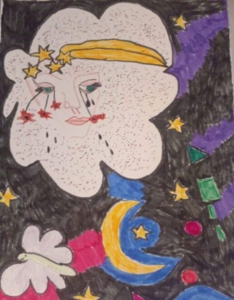 Psy PT (2)-min Wolke mit Gesicht weint am schwarzen Himmel, Mond und Schmetterling darunter
